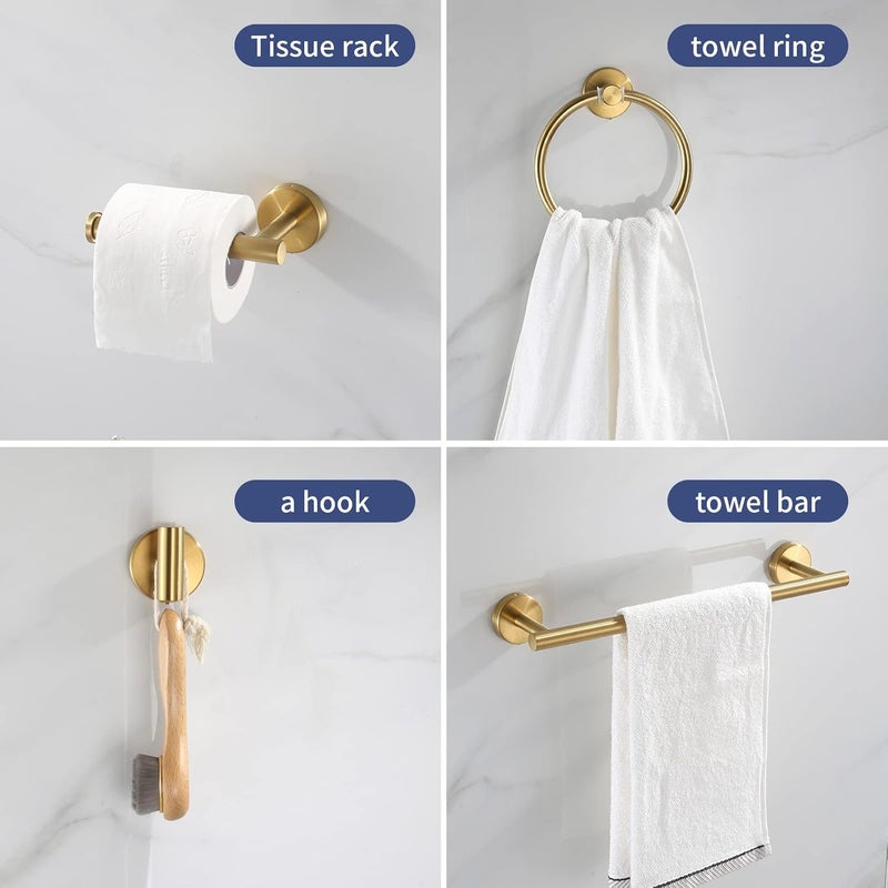 Hinmood Bathroom Hardware Set Brushed Gold, 10pcs Towel Bar Set Including 2pcs16 inch Towel Bars, Toilet Paper Holders, Towel Rings and 4pcs Robe Towel Hooks - Image 3